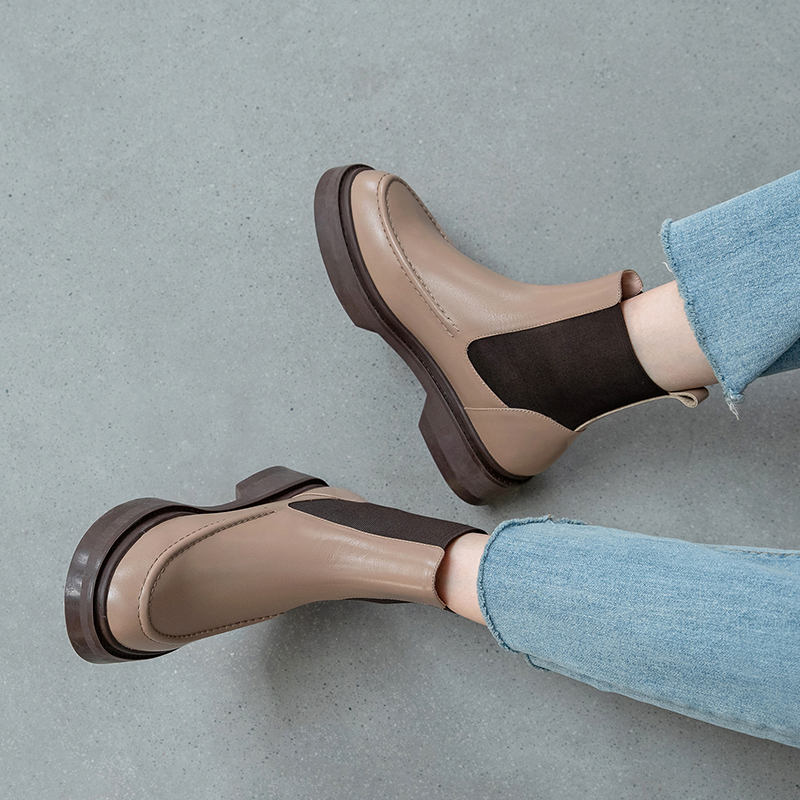 2021 Retro British Style Slip-On Chelsea Boots Genuine Leather Women's Boots Fashion Ankle Boots Round Toe Flat with Women Shoes