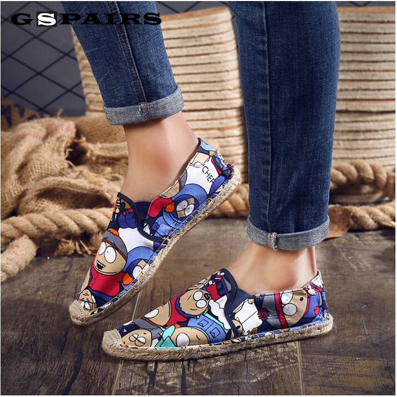 Men Casual Canvas Shoes Flats Heels Cartoon Linen Male Espadrille Fisherman Shoes Boys Flats Plimsolls Loafers Driving designer