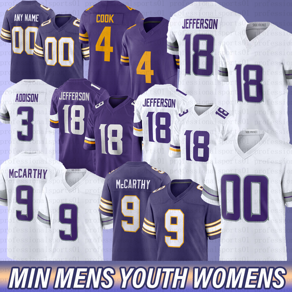 9 J.J. McCarthy Justin Jefferson T.J. Hockenson Vikings Football Jersey Aaron Jones Addison Andrew Van Ginkel Randy Moss Harrison Smith Ivan Pace Jr Turner Camryn Bynum