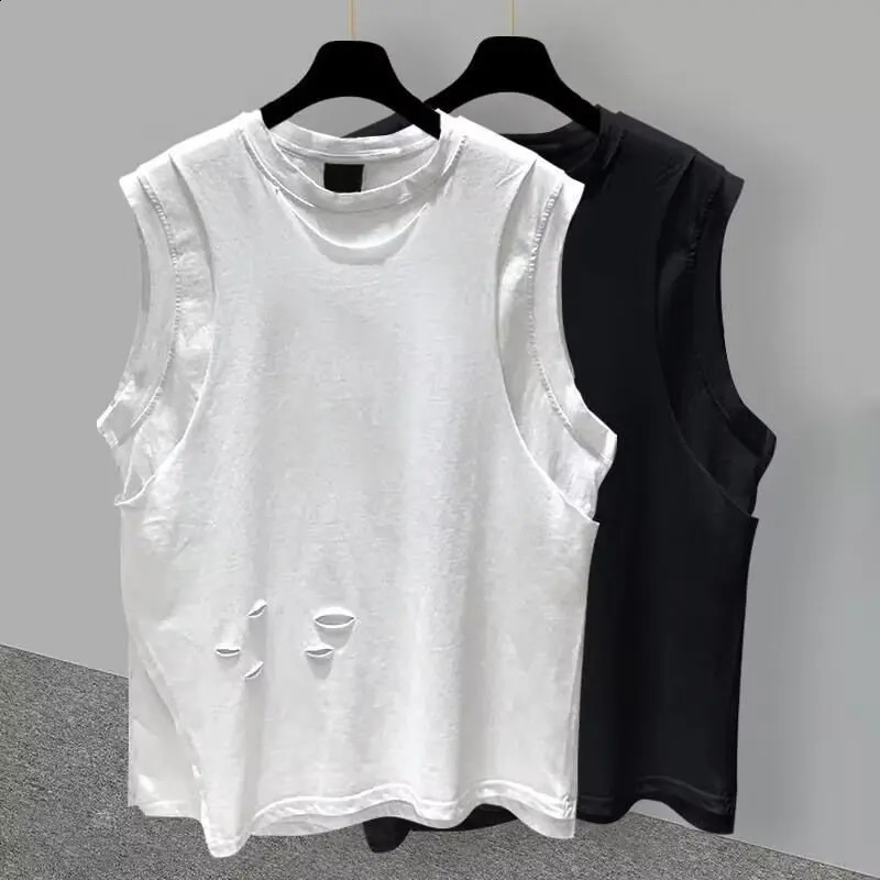 Mens Clothing Sleeveless T-shirt Summer Loose Men Tank Top Leisure Solid Hole Priming Shirt Round Neck Fitness Running Men Tops 240729