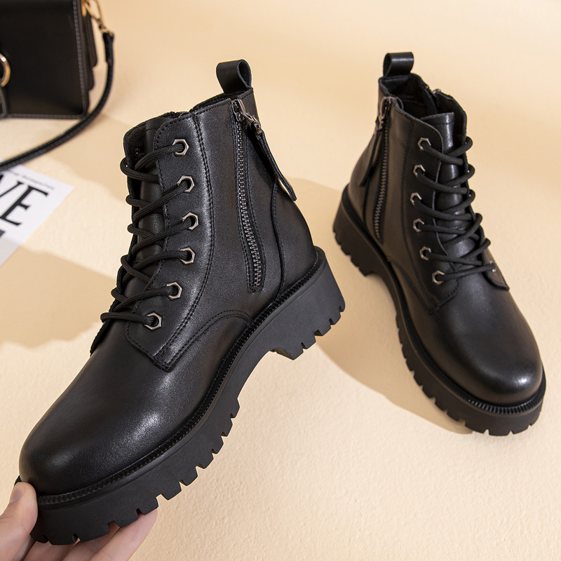 Genuine Leather Marton Boots Women Autumn 2024 New Double Zipper Women's Ankle Boots Platform Thick Heel Motorcycle Boots Women
