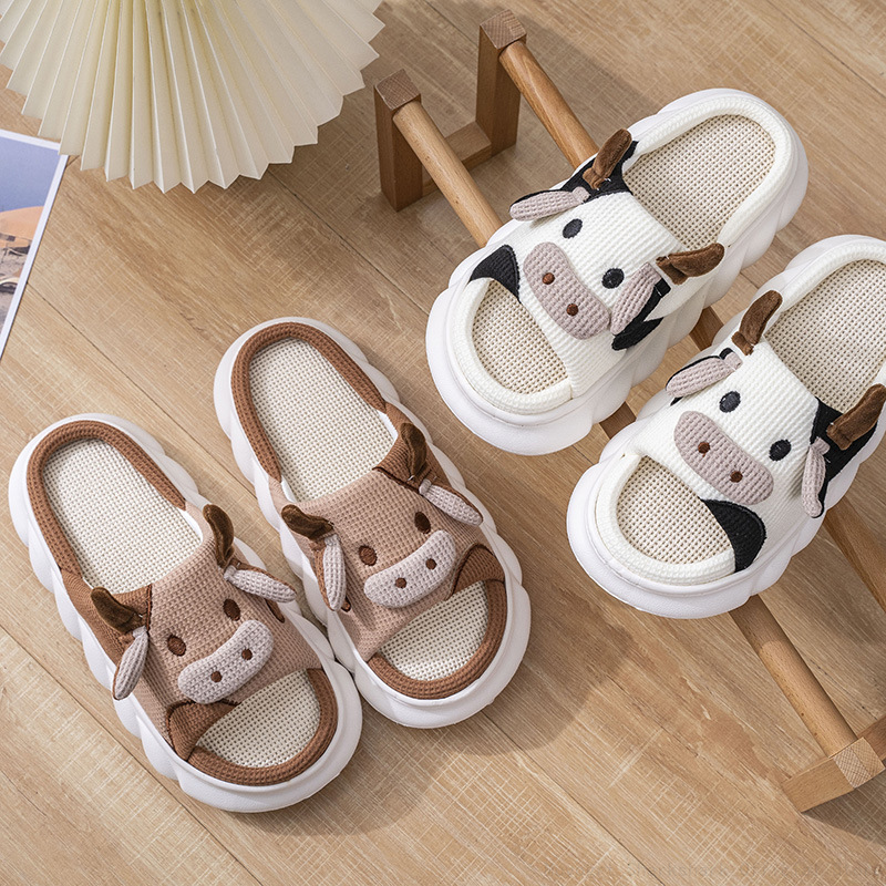 Cute Cartoon Milk Cow Home Slippers Men Thick Sole Open Toe Cotton Slippers Woman 2023 Autumn Winter Soft Indoor Slides Shoes
