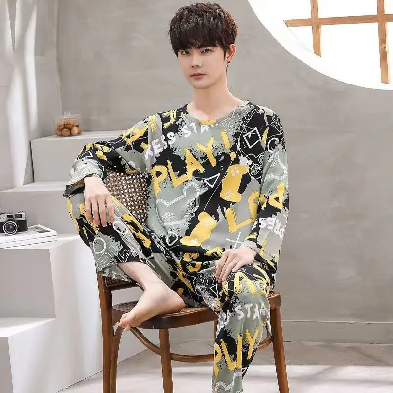 Mens Pajamas Two-Piece Mens Long-Sleeved Pyjamas Spring And Autumn Thin Section Of The Large Size Leisure Home Wear Suit 240819