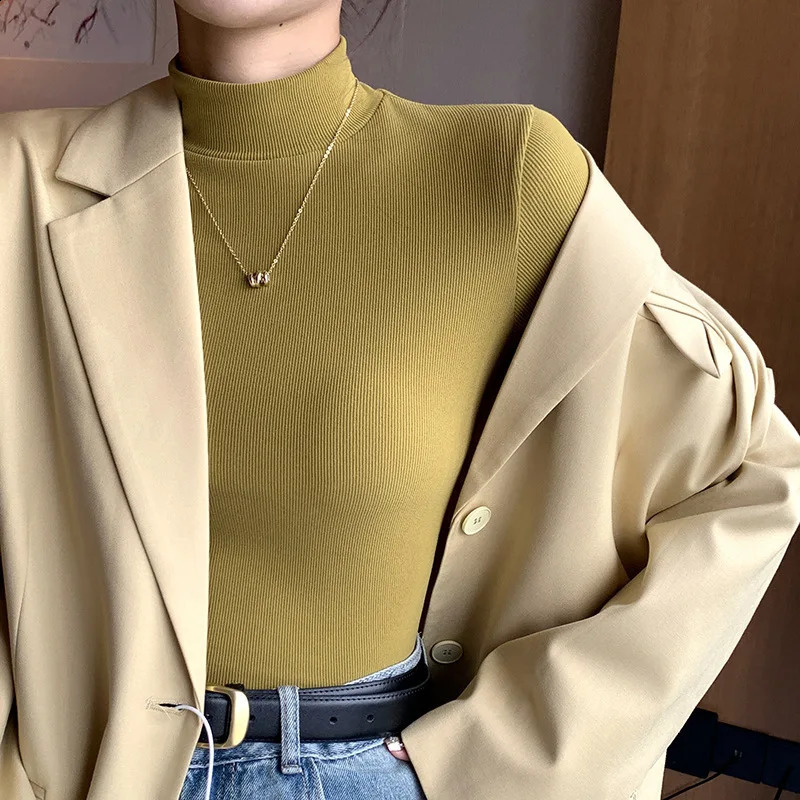 Knitted Half Collar Pullover Womens Bottom Sweater Jumping Elegance Korean Fashion Long Sleeve Top 240812