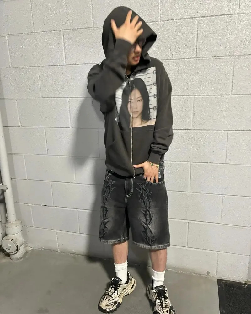 Y2K zip up hoodie INS vintage Harajuku printing Hip Hop streetwear men women Casual gothic Oversized Hoodie Fashion Sweatshirt 240730