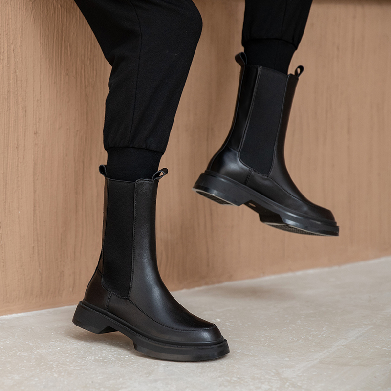 Winter New Cow Leather Round Toe Platform Solid Flat Mid-calf Modern for Slip-on Short Boots Women f3c9