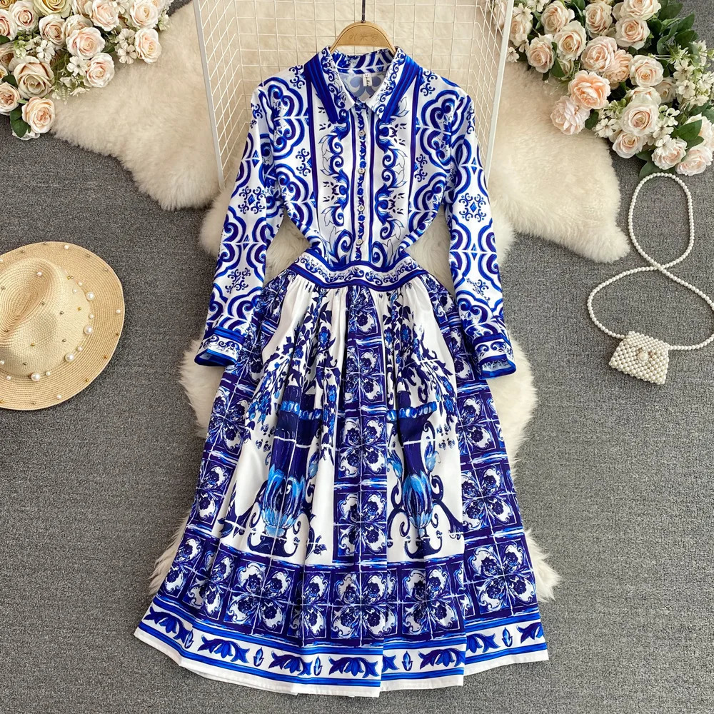 JAMERARY Fashion Runway Red Rose Blue White Porcelain Floral Shirt Dress Women Summer Autumn Long Sleeve Midi Vestidos240730