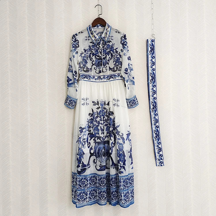JAMERARY Runway floral print Beaded Crystal Long Sleeve Maxi Shirt Dress Women Blue White Porcelain Faux Silk Chiffon Vestidos240730
