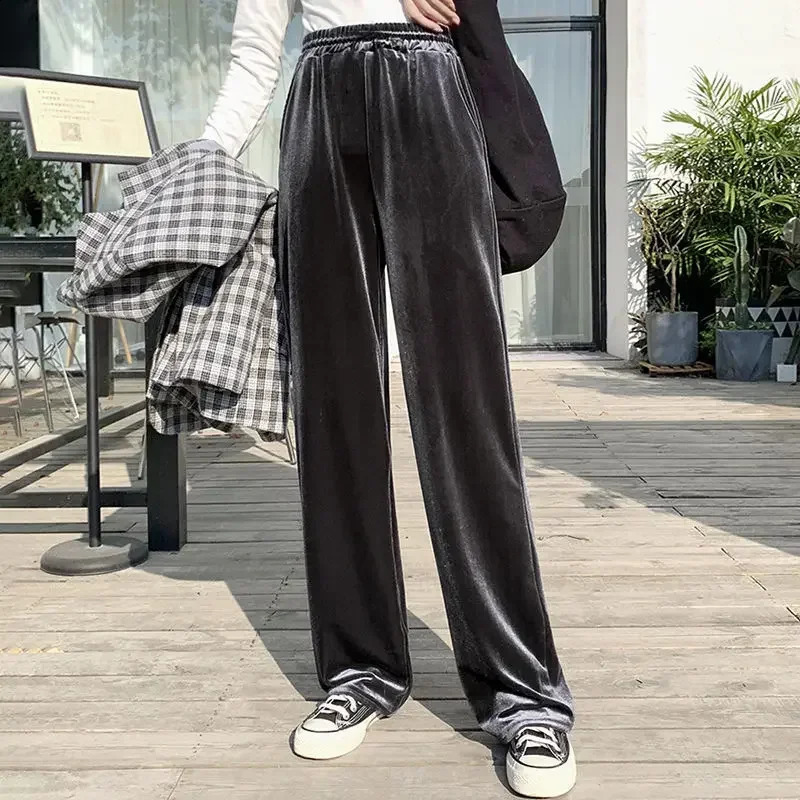 Casual Women Pants Velvet Pants Autumn Long Straight Wide Soft Leg Trousers Elastic Waist Female Sweat Pants Women 240730