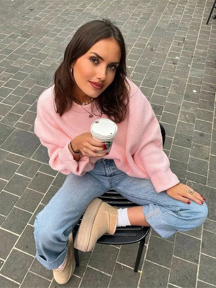 Ladies Solid Loose Sweater Women Tops Knitwear O Neck Casual Streetwear Outerwears Warm Pullover Sweaters Female Clothing 240730