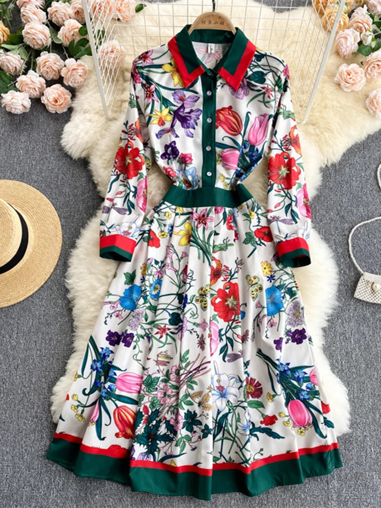 Fashion Runway Summer Striped Flower Dress Womens Turn Down Collar Short Sleeve Floral Print Midi Tunic Party Pleated Vestidos240730