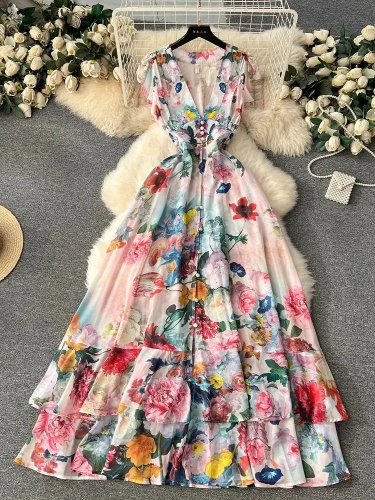 Summer Holiday Gorgeous Floral Dress Womens Sleeveless Ruffles V Neck Flower Print Buttons Chiffon Bohemain Robe Vestidos240730