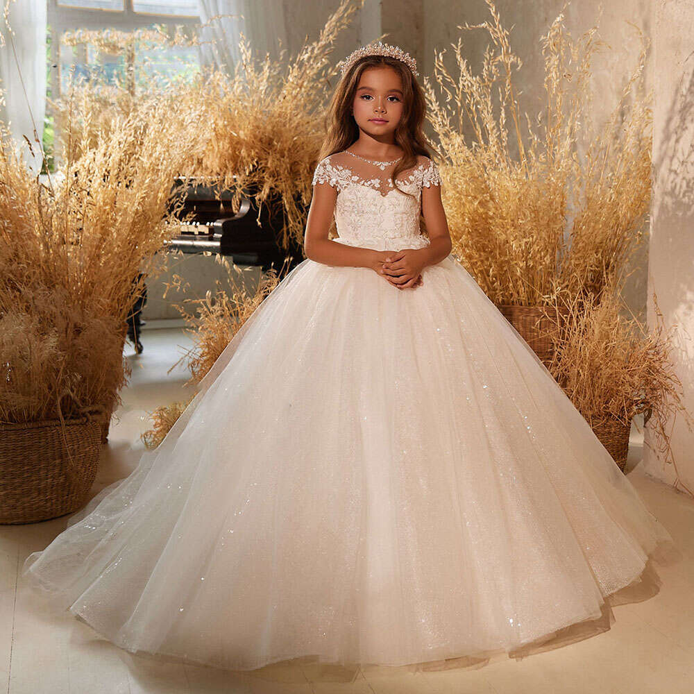 Wer Ivory Elegant Girl For Wedding Lace Shining Tulle Or Length Kids Birthday Party Dress Princess Ball Gown