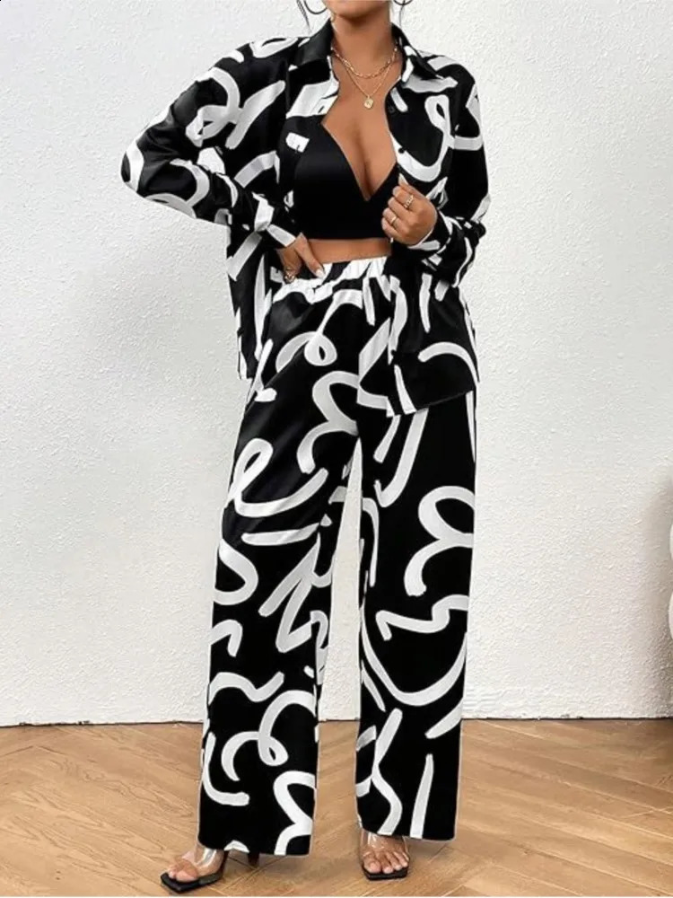 Spring Autumn Fashion Print 2 Piece Sets Women Loose Casual Pants Sets Female Long Sleeve Shirt Wide Leg Pants Two Piece Sets240730