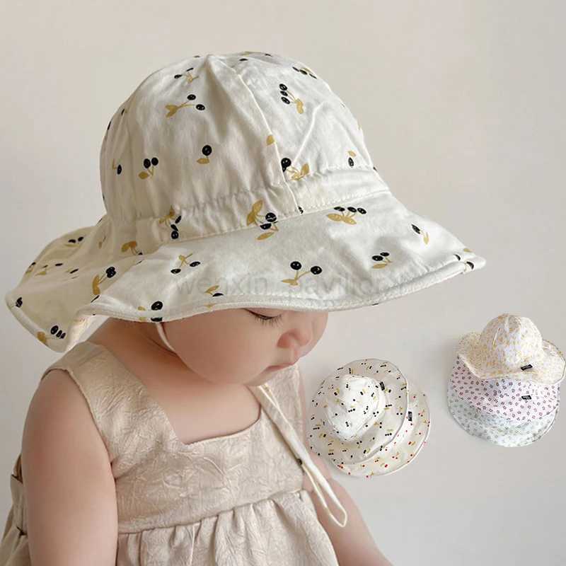 Summer Large Brim Sun Hat Baby Cute Cherry Print Girls Fisherman Cap Solid Color Kids Sun Hats Outdoor Beach Panama CapsXJ240730