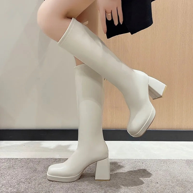 Black Winter Women Boots Fashion Platform Thick Knee High Zipper Autumn Long Shoes Square Heel Rubber d3cc