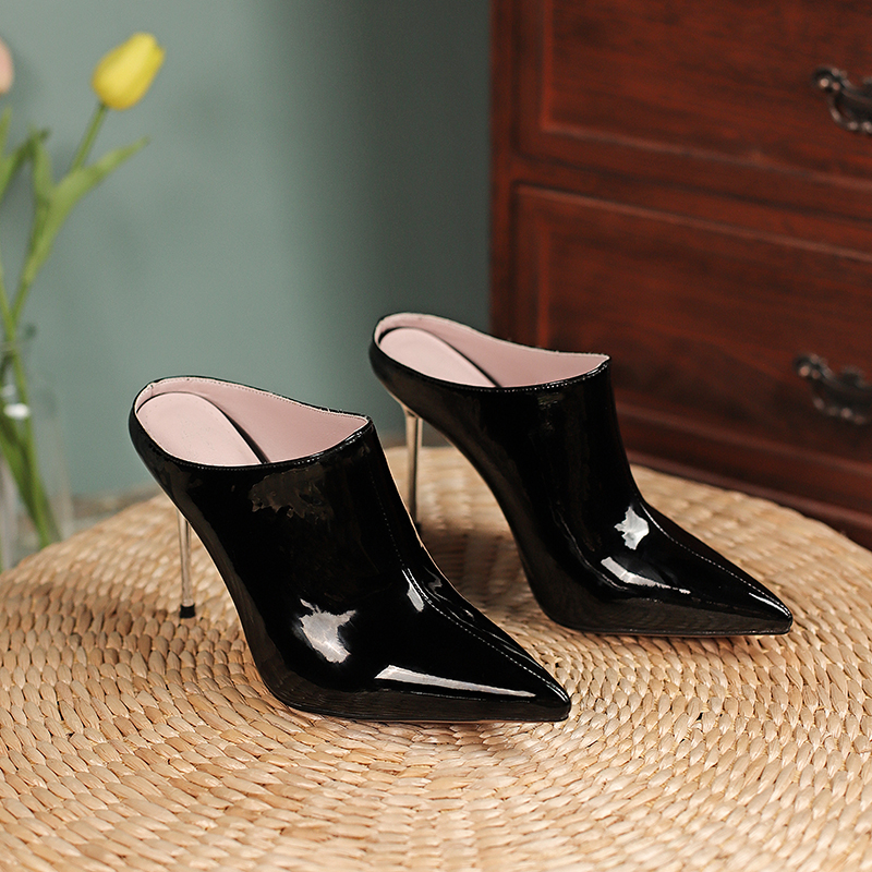 Women's Sier Slippers Sexy Mules For Women High Heels Sandals Pointed Toe Slides Party Shoes Female Black Large Size 45 2753 876