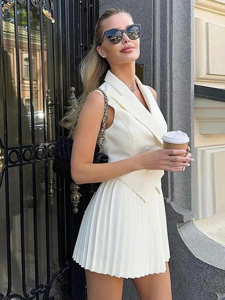 2024 Summer Elegant Tank Top Womens Vneck Double breasted Irregular Folded Skiwear Wear 240729