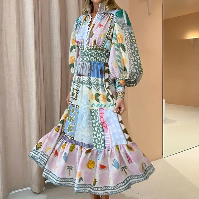 Vintage Printed Patchwork Hollow Out Womens Maxi Dress Fashion V Neck Puff Sleeved Long Dresses Female Highstreet Vestidos240730