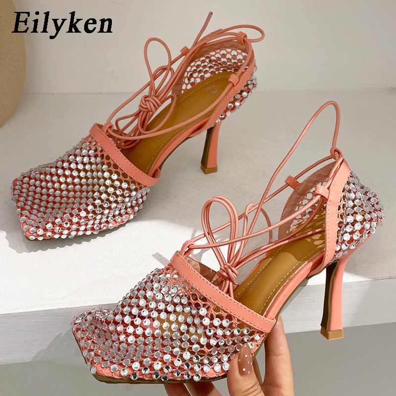 2025 new Eilyken Sexy Elegant Crystal Dias Breathable Mesh Women Pumps Shoes Fashion Hollow Out Summer Lace-Up High Heel Sandals 1a32