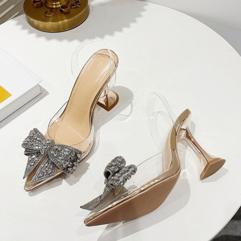 Women's Sequined Bowknot Pointed Toe High Heel Sandals - PVC Transparent 4 c7353