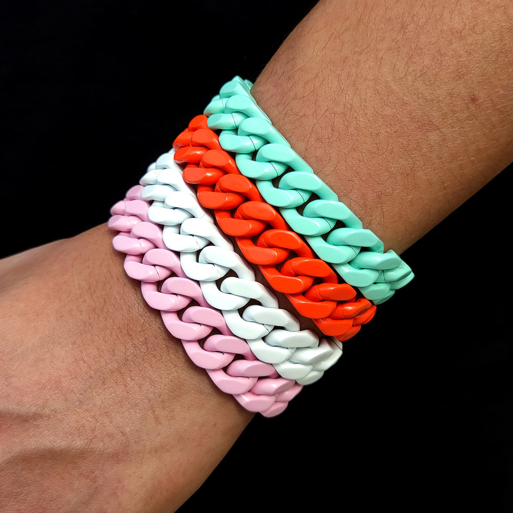 Hip Hop Colorful Stainless Steel Cuban Chain Necklace Spring Buckle Women Men Couple Jewelry