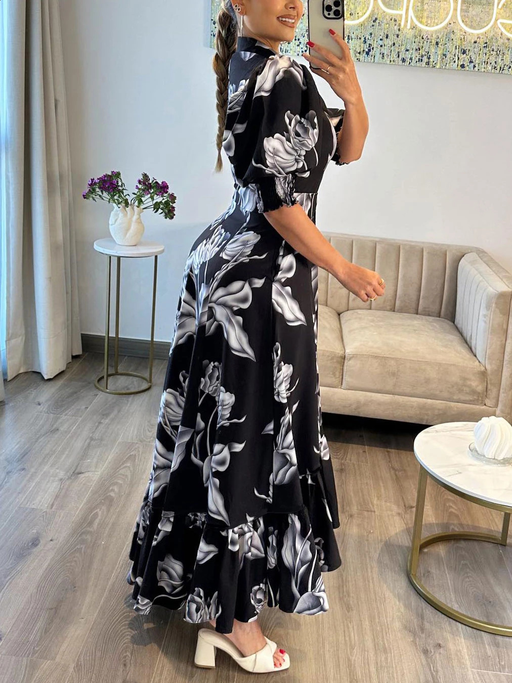 Women Floral Print Long Dress Summer Casual Turn-down Collar Half Sleeve Loose Big Swing Dress Female Vintage Beach Maxi Dress240730