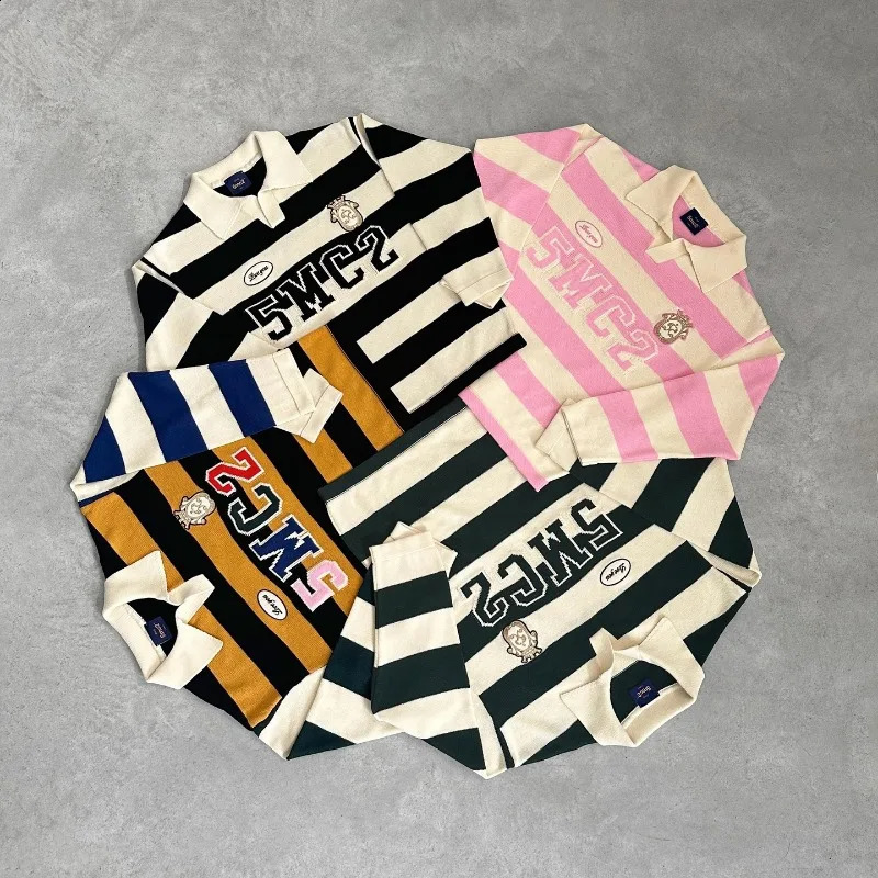 Aesthetic kawaii letter embroidery striped POLO collar pullover sweaters women sweet and cute fashion versatile baggy sweatshirt 240730