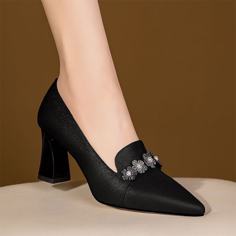 2024 Women's Elegant Pumps High Heels Dress Shoes Pointed Toe Flowers Pearl Boat Shoes Slip on Office Work Zapatos mujer 1019