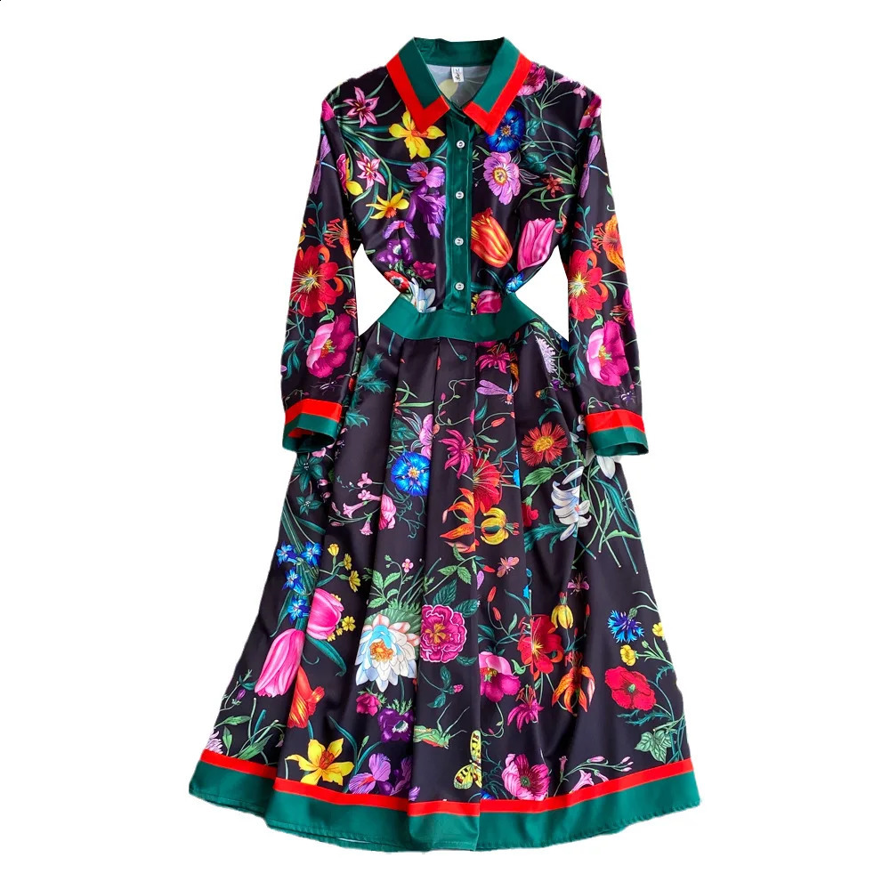 JAMERARY Fashion Runway Red Rose Blue White Porcelain Floral Shirt Dress Women Summer Autumn Long Sleeve Midi Vestidos240730