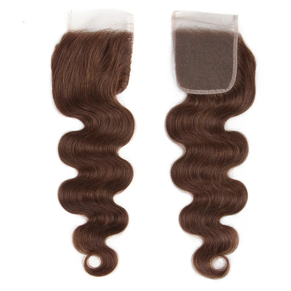 #4 Brown 4X4 Lace Remy Brazilian Human Chocolate Body Wave Closure With Baby Hair Hand Tied Transparent