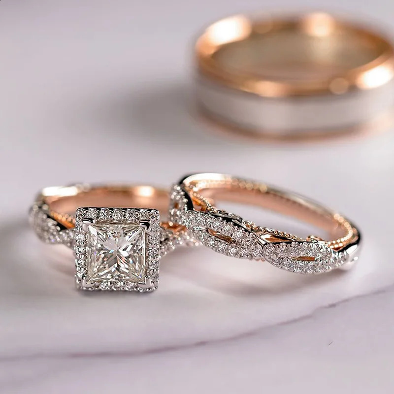 18K Rose Gold Couple Lab Diamond Ring Sets Party Wedding Band Rings For Women Men Promise Engagement Jewelry 24