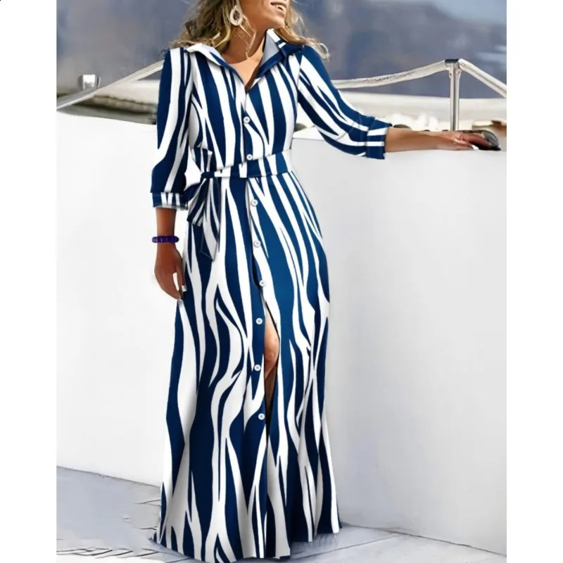 2024 Spring Fashion Long Sleeved Print Lace-Up Shirt Dress For Women Turn Down Collar Single Breasted Maxi Dress Femme Robe240730