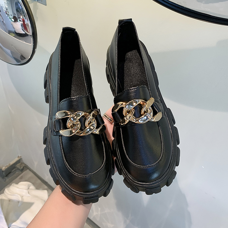 2022 Women Spring New Black Platform Flats Shoes Women Loafers Slip on Boat Shoes Metal Chain Designer Casual Leather Oxfords