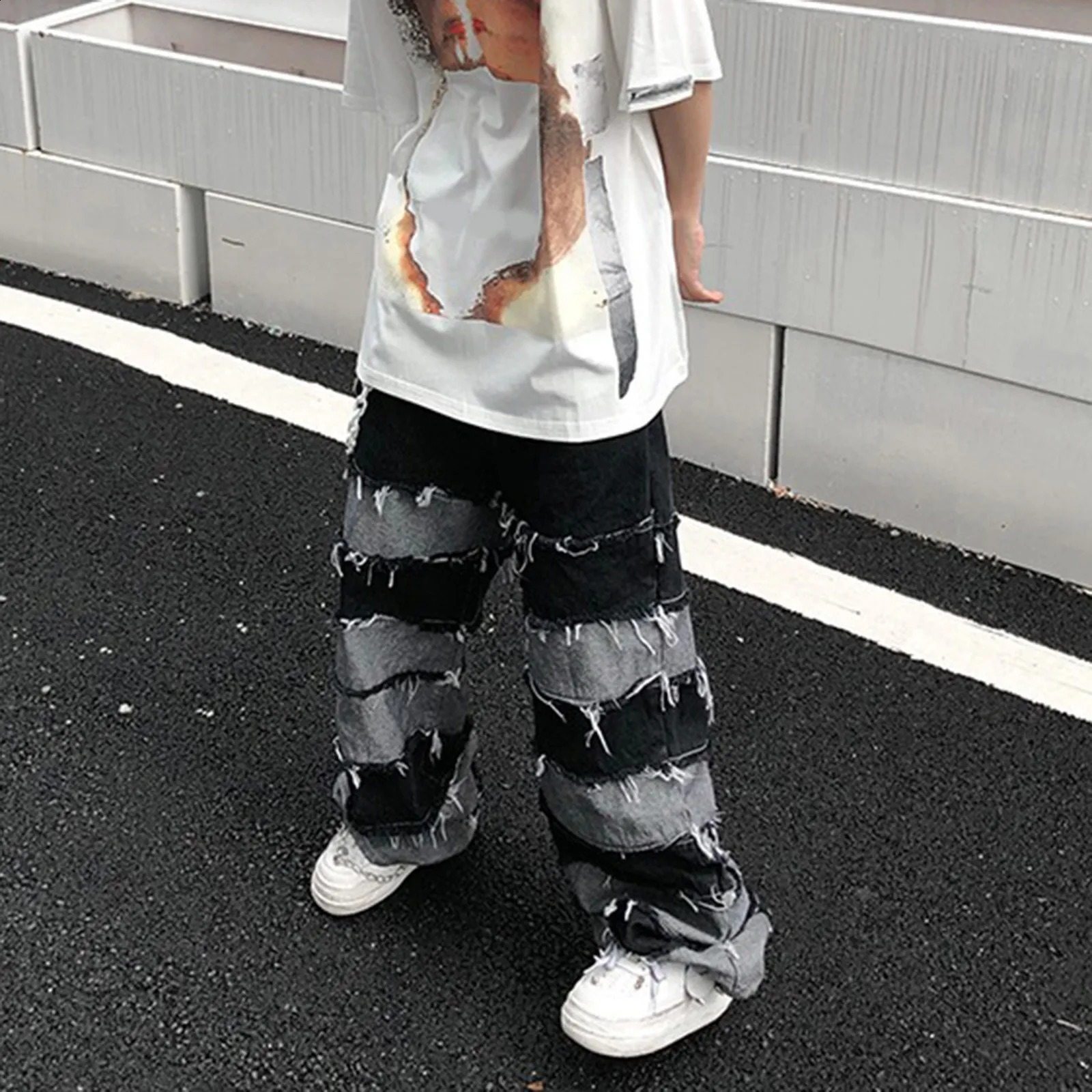 Tassel jeans mens patch wide legs lazy style hiphop loose denim pants pocket tear Distressed Stacked Y2K Grunge 240808