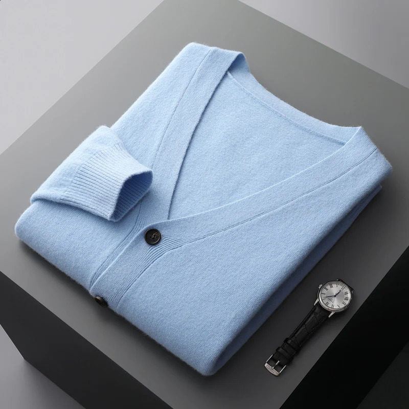 100% pure wool mens cardigan cashmere sweater knitted jacket solid color long sleeved highquality top for autumn and winter 240824