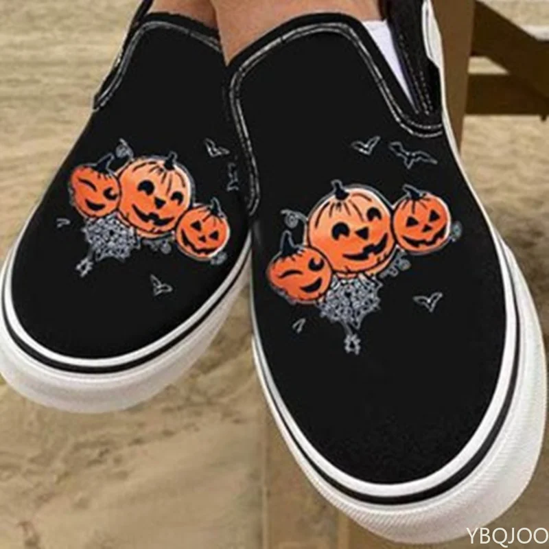 Halloween Pumpkin Size 43 Shoes 2022 Autumn Skeleton Printing Flats Women Shoes Slip-on Lazy Canvas Shoes Loafers Zapatos Mujer