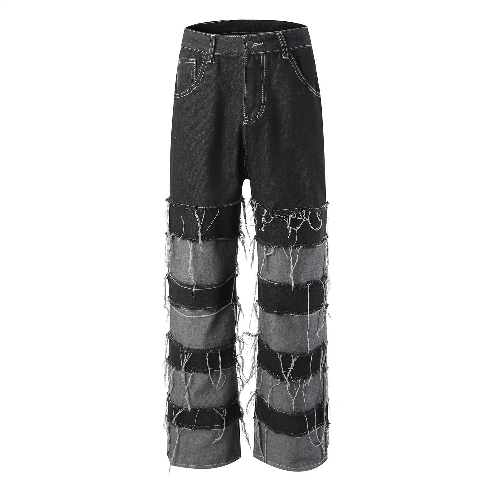 Tassel jeans mens patch wide legs lazy style hiphop loose denim pants pocket tear Distressed Stacked Y2K Grunge 240808