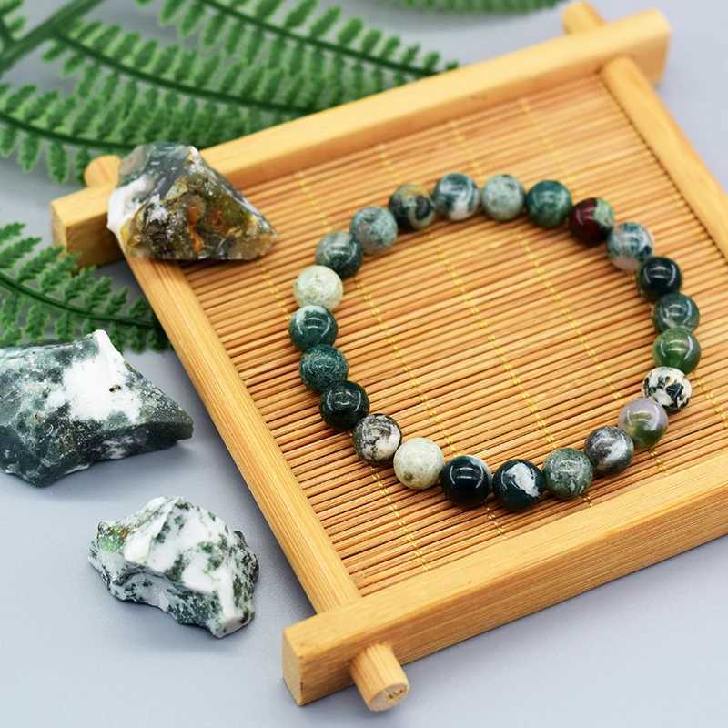 Real Natural Tree Pattern Agate Bead Bracelet for Men Natural Celestite Moss Agate Jade Energy Therapy JewelryW240730