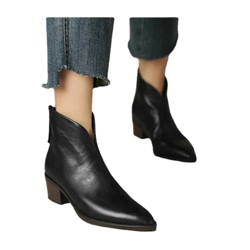 Women Pointy Brown Ankle Boots High Heels Shoes Woman Vintage Chelsea Boots Autumn PU Leather Femme Mid-heel Stubby Ankle Boots