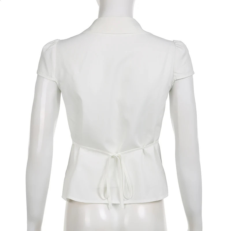 CIBBAR Vintage Folds Crop Top White Button Up Short Sleeve Blouse Women Bandage Korean Fashion T-shirt Casual Streetwear y2k Tee 240730