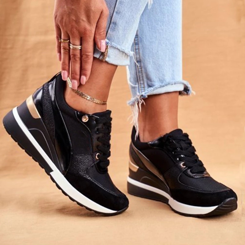 Women Wedge Sneakers Fashion PU Leather Patchwork Height Increasing Sport Shoes Ladies Casual Platform Shoes Zapatos De Mujer