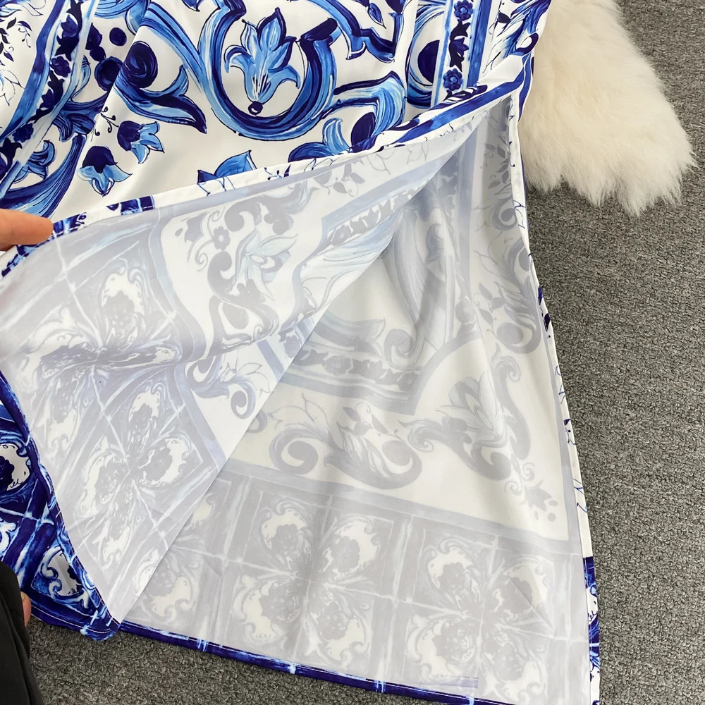 Summer Runway Blue And White Porcelain Long Dress Women O-Neck Flare Sleeve Floral Print Bohemian Side Split Loose Robe Vestidos240730