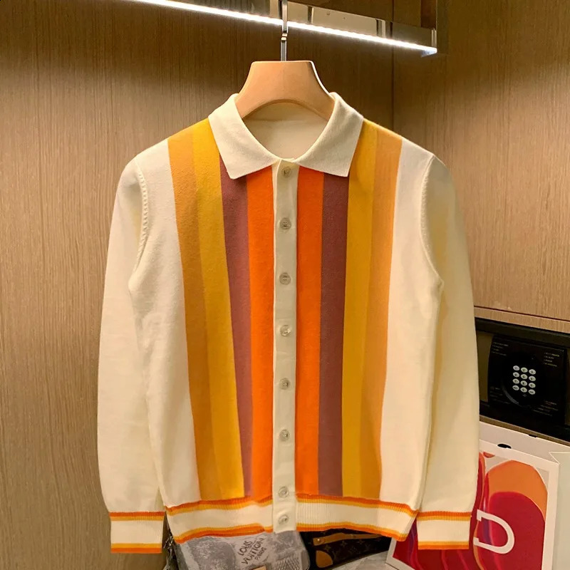 British style mens knitted cardigan with vertical stripes long sleeves and buttons top spring autumn slim fit collar thin sweater 240809