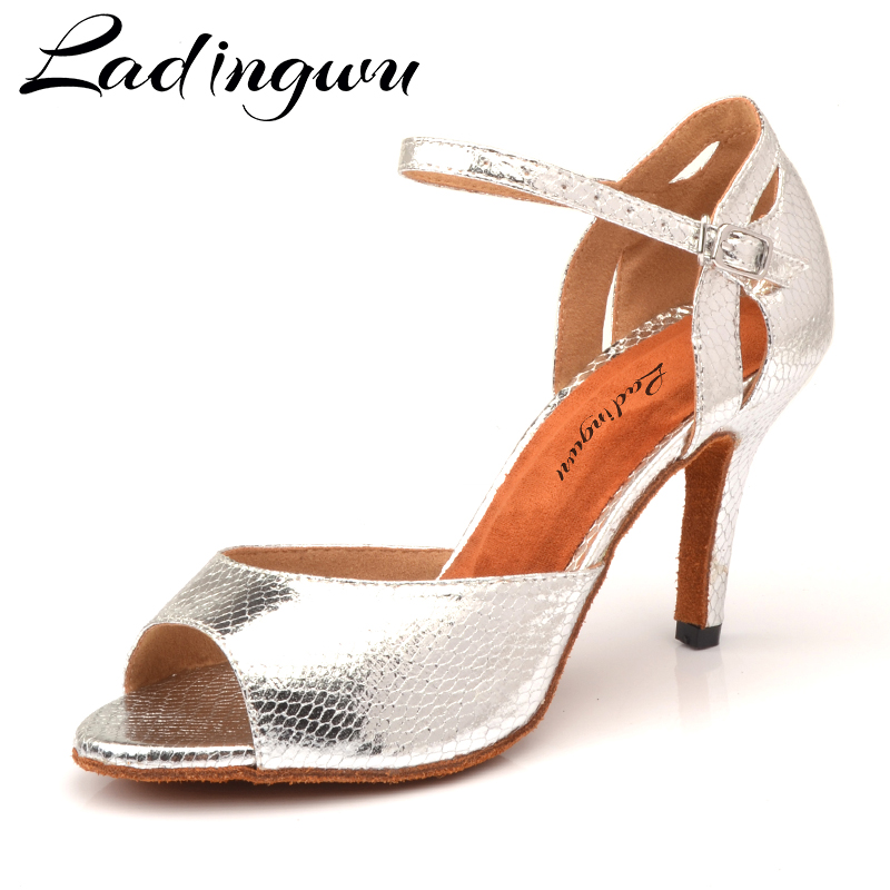Ladingwu New Salsa Shoes Dance Women's Ballroom Dance Shoes Sandals Party Performance women Latin Dance Shoes Silver Snake PU