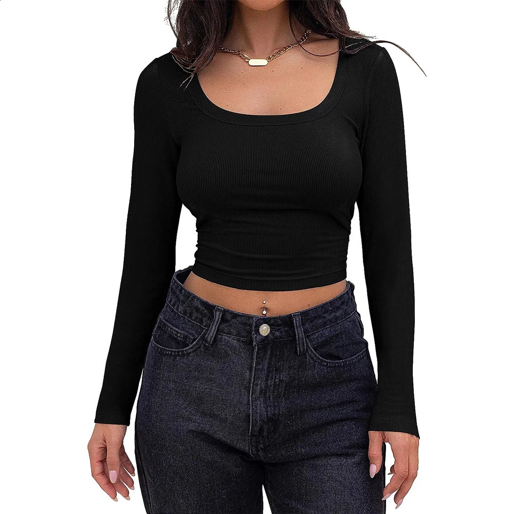Womens Long Sleeve Square Neck Crop Top Ribbed Slim Fitted Y2K Casual T-Shirt Tops 240730
