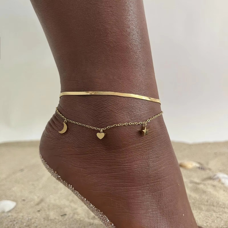Double Layer Anklet No Fade Waterproof Stainless Steel Jewelry PVD Gold Plated Bead Chain Anklets For Women