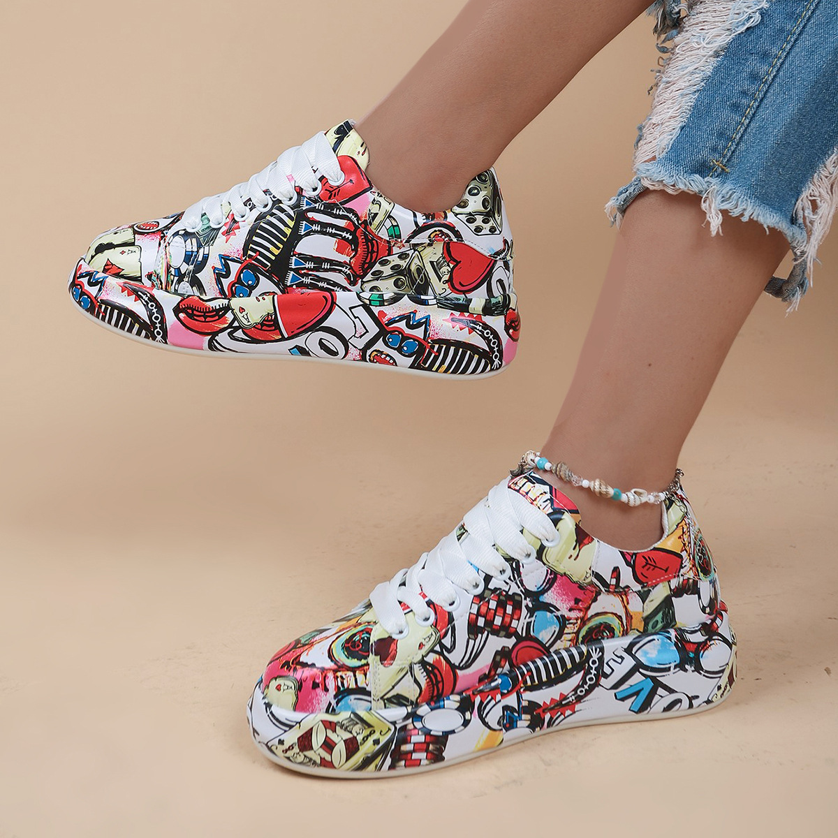 Sizes 35-43 Autumn Graffiti Sneakers for Women Large Size Sneakers Fashion Couple Shoes Young People Men Colored Drawing Flats
