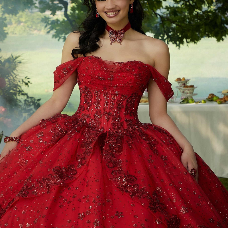 Red Shiny Princess Ball Quinceanera Dresses Off Shoulder Beaded Appliques Crystals Sweet 16 Prom Party Gown Vestido De 15 Anos