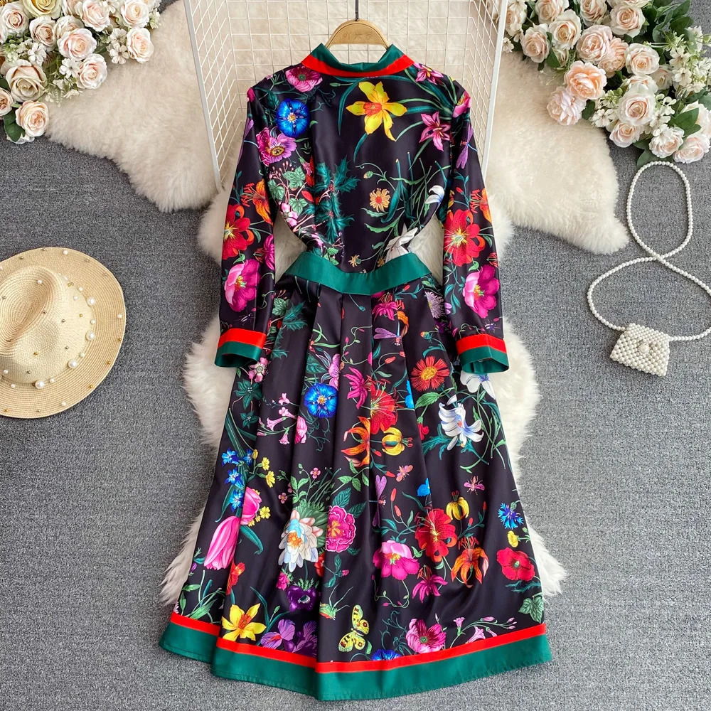 JAMERARY Fashion Runway Red Rose Blue White Porcelain Floral Shirt Dress Women Summer Autumn Long Sleeve Midi Vestidos240730